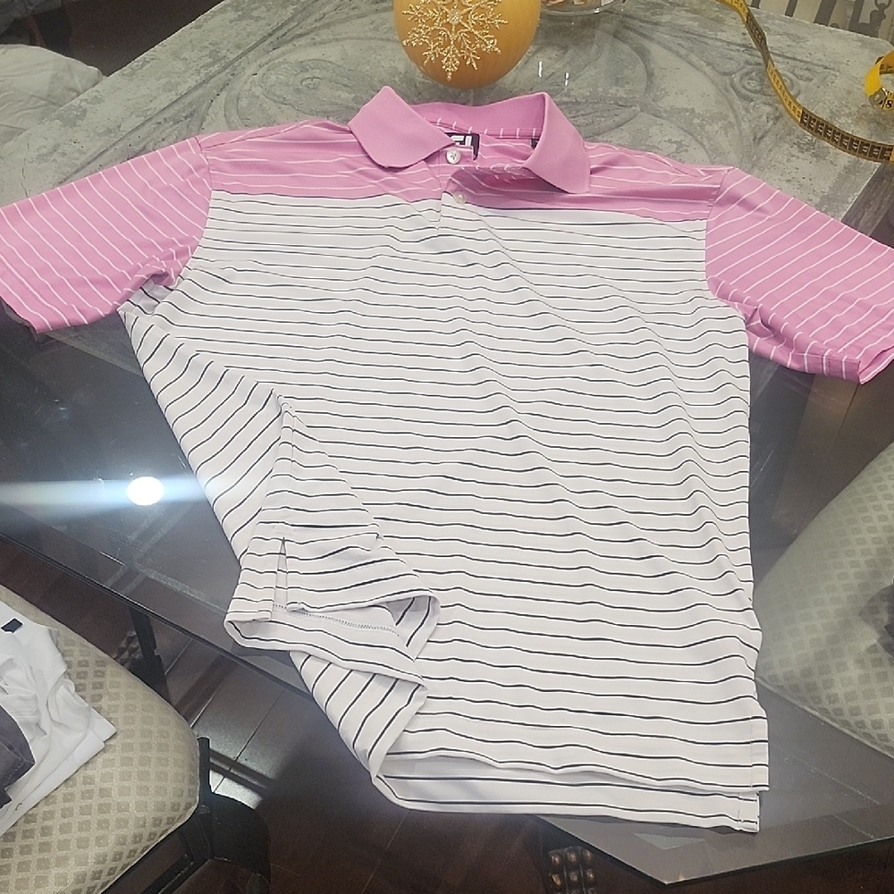 Foot Joy Pink and White Striped Polo Shirt Large Like New